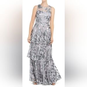 Calvin Klein Silver Gray Tiered Sequin Floral Maxi Skirt